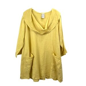 Match Point 100% linen cowl neck‎ blouse top Size S yellow lagenlook boho